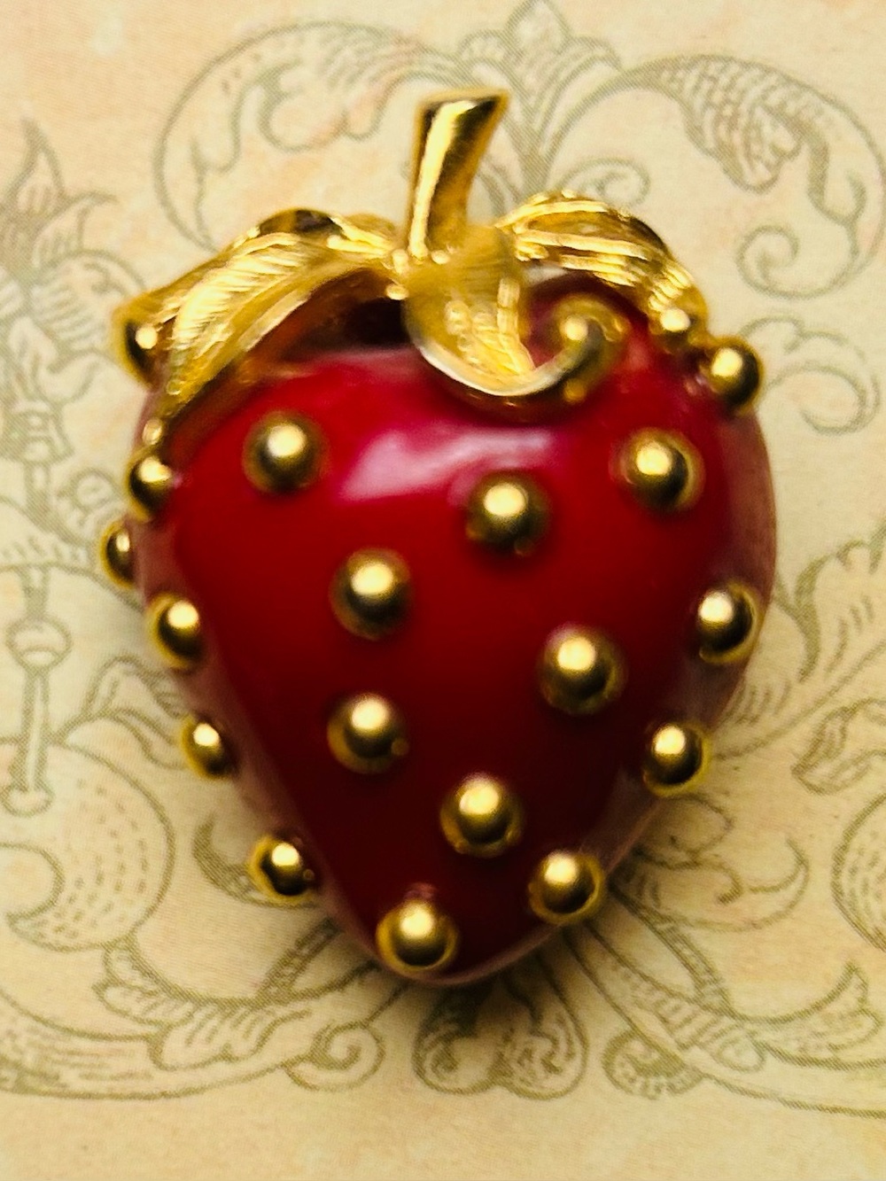 Kenneth Jay Lane strawberry brooch pin red enamel gold accents KJL